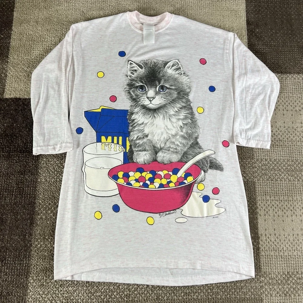 VTG 80'S KITTEN SPILL BOWL OF CEREAL & MILK YOUTH‎ NIGHT SHIRT SOFT ONE SIZE USA
